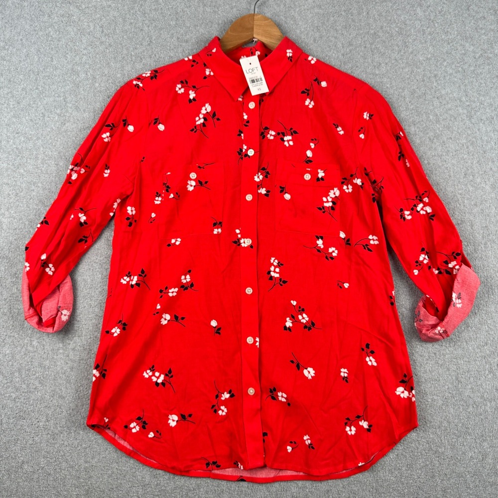 Loft Button Down Shirt Womens XS Red Floral Long Sleeve NEW 520540 Rayon